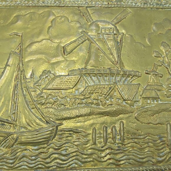 Embossed Brass Wall Hanging-Sailboat -Windmill-Holland Scene- 16"x11.5" Vintage - Picture 4 of 10